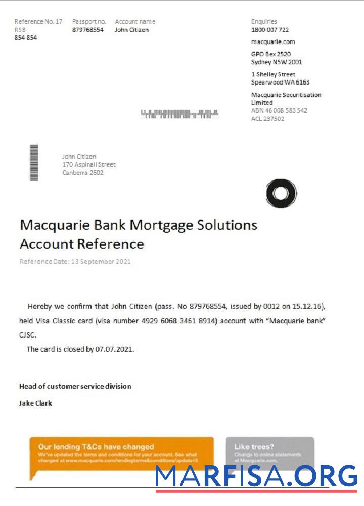 Printable Australia Macquarie closure reference template